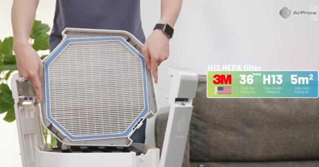 Cấu tạo chi tiết của bộ lọc không khí HEPA với các sợi tổng hợp đan xen, minh họa khả năng lọc bụi mịn.